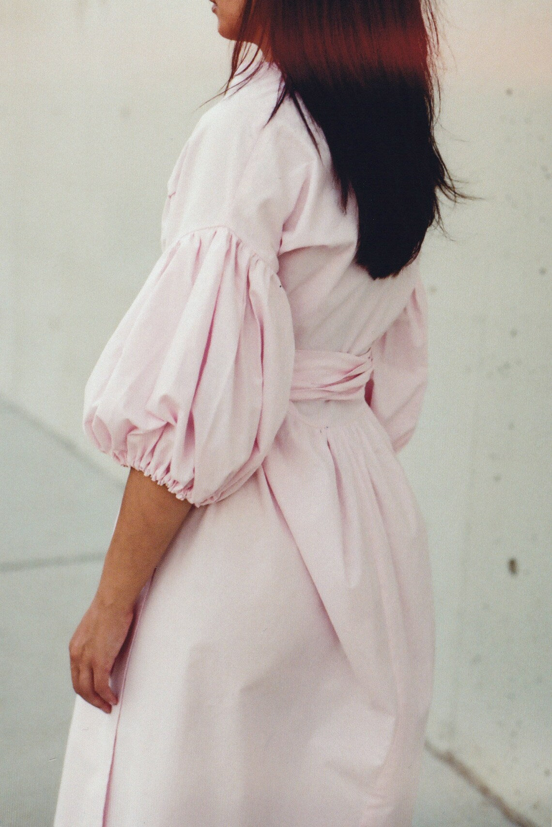 Petal Pink Puff Sleeve Cotton Wrap Dress