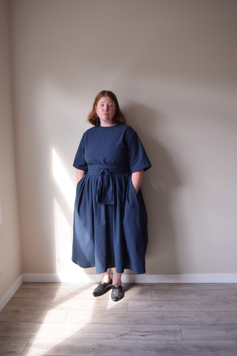Navy Cotton Garden Dress with Belt